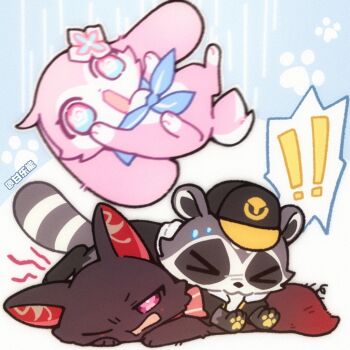 Rule 34 | !, !!, > <, @ @, animal hands, animalization, baseball cap, brown fur, cat, chinese commentary, commentary request, falling, flower, ganleneng, grey fur, hat, honkai: star rail, honkai (series), march 7th (honkai: star rail), multicolored eyes, neckerchief, pink eyes, pink fur, rabbit, raccoon, sparkle (honkai: star rail), sweatdrop, symbol-shaped pupils, tail, trailblazer (honkai: star rail), two-tone eyes