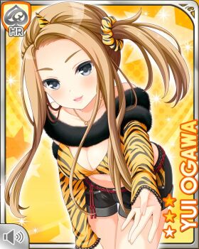 1girl :d belt black_eyes black_shorts breasts brown_hair cleavage earrings girlfriend_(kari) hoop_earrings jewelry large_breasts leaning_forward looking_at_viewer navel necklace official_art ogawa_yui_(girlfriend_(kari)) oni open_mouth qp:flapper red_belt shorts side_ponytail smile solo standing star_(symbol) star_necklace thighs yellow_background