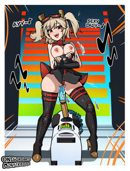 1girl artist_name black_boots black_gloves black_skirt blonde_hair blush boots breasts breasts_out burnice_white commentary dancing dildo english_commentary eyewear_on_head gangnam_style gloves high_heel_boots high_heels highres large_breasts long_hair looking_at_viewer music musical_note nipples onigiriarts open_mouth pussy pussy_juice red-tinted_eyewear red_eyes sex_machine sex_toy singing skirt solo sunglasses thigh_boots tinted_eyewear twintails uncensored zenless_zone_zero