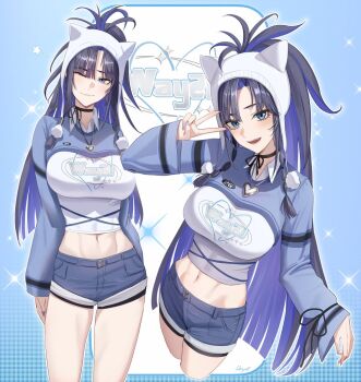 1girl :d ;) animal_hat black_hair blue_eyes blue_hair blue_shorts blue_shrug blunt_ends braid braided_sidelocks breasts cat_hat collared_shirt colored_inner_hair commentary cropped_legs cropped_shirt denim denim_shorts english_commentary hand_up hat heart heart_necklace highres hololive hololive_english jewelry large_breasts long_hair looking_at_viewer midriff multicolored_hair navel necklace official_alternate_costume one_eye_closed open_mouth ouro_kronii pom_pom_(clothes) ponytail shirt short_shorts shorts shrug_(clothing) sidelocks smile variations very_long_hair virtual_youtuber white_hat white_shirt zenya