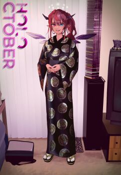 1girl absurdres black_horns black_kimono blue_eyes cd_case crystal_wings detached_wings heterochromia highres hololive hololive_english horns indoors irys_(hololive) japanese_clothes ken-sama_(meme) kimono looking_at_viewer meme mokuka_noe own_hands_together pointy_ears purple_eyes purple_hair red_streaks sandals solo standing tabi takodachi_(ninomae_ina&#039;nis) television virtual_youtuber wings zouri