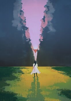 1girl absurdres baseball_cap black_hair black_hat blue_archive cloud cloudy_sky coat commentary dark_cloud from_behind grass hat highres kani_etizen03 long_hair outdoors purple_sky road_sign saori_(blue_archive) scenery sign sky solo stop_sign white_coat