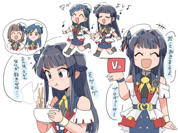 Rule 34 | 2girls, :d, :t, ^ ^, amami haruka, blue skirt, bowl, celestella unison (idolmaster), chopsticks, closed eyes, commentary request, eating, eighth note, hat, holding, holding bowl, holding chopsticks, idolmaster, idolmaster (classic), idolmaster million live!, idolmaster poplinks, jacket, kisaragi chihaya, mogami shizuka, multiple girls, multiple veiws, musical note, official alternate costume, open mouth, skipping, skirt, smile, speech bubble, standing, thought bubble, translation request, tsubobot, white hat, white jacket