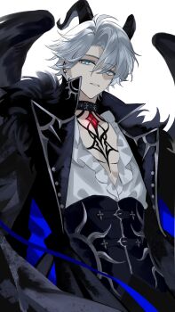 1boy absurdres alternate_costume antenna_hair black_coat black_collar black_wings blue_eyes chest_tattoo coat collar demon_horns frilled_shirt frills fur-trimmed_coat fur_trim gem highres honkai:_star_rail honkai_(series) horns male_focus parted_bangs partially_unbuttoned pectoral_cleavage pectorals phainon_(honkai:_star_rail) red_gemstone shirt short_hair solo tattoo white_hair white_shirt wings yigenzhen26389