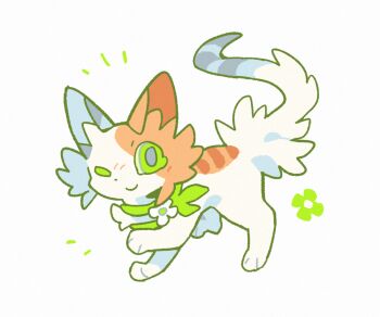 animal animal_focus cat chinese_commentary colored_eyelashes commentary_request flower fluffy full_body green_eyes looking_at_viewer millet626 no_humans one_eye_closed orange_fur original plant simple_background smile solo standing tabby_cat thick_lineart vines warrior_cats white_background white_cat white_flower white_fur