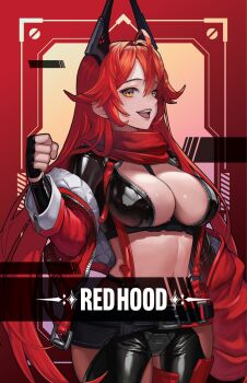 1girl :d antenna_hair between_breasts black_gloves black_jacket black_pants breasts character_name cleavage clenched_hand clothing_cutout commentary cowboy_shot cropped_jacket crotch_plate double-parted_bangs fingerless_gloves gloves goddess_of_victory:_nikke hair_between_eyes hair_flaps hair_intakes highres hip_vent horns jacket large_breasts leather leather_jacket leather_pants leg_cutout long_hair long_sleeves looking_at_viewer mechanical_horns midriff navel off_shoulder open_clothes open_jacket open_mouth pants red_hair red_hood_(nikke) red_jacket red_scarf scarf sidelocks smile solo ssal standing strap_between_breasts teeth unzipped upper_teeth_only very_long_hair yellow_eyes zipper