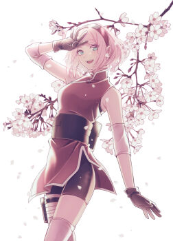 1girl :d absurdres armpit_crease black_gloves black_shorts dress falling_petals flower gloves green_eyes haruno_sakura highres konohagakure_symbol looking_at_viewer mochiii-s naruto:_the_last naruto_(series) open_mouth petals pink_hair red_dress short_hair shorts smile solo teeth upper_teeth_only