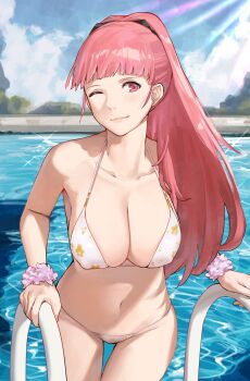 1girl bikini blue_sky blunt_bangs breasts cleavage cloud female_focus fire_emblem fire_emblem:_three_houses halterneck high_ponytail highres hilda_valentine_goneril hilda_valentine_goneril_(timeskip) j@ck large_breasts long_hair matching_hair/eyes navel nintendo one_eye_closed outdoors pink_eyes pink_hair ponytail pool scrunchie skindentation sky smile solo string_bikini swimsuit thighs water white_bikini wink wrist_scrunchie wristband
