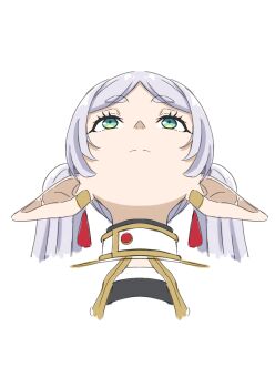 1girl absurdres capelet commentary_request cropped_head earrings elf expressionless frieren gold_trim green_eyes grey_hair hakuino_hakase head_back highres jewelry long_pointy_ears looking_up meme parted_bangs pointy_ears shirt simple_background solo sousou_no_frieren striped_clothes striped_shirt teardrop_earrings thick_eyebrows twintails upper_body upward_angle_frieren_drawing_(meme) white_background white_capelet