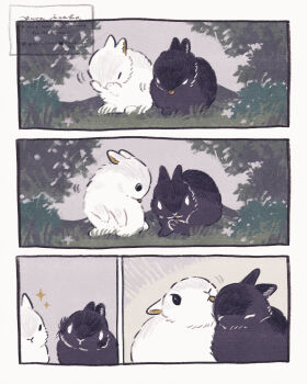 animal animal_focus black_rabbit_(animal) commentary_request grass highres licking no_humans original rabbit sparkle white_rabbit_(animal) yurano_(upao)