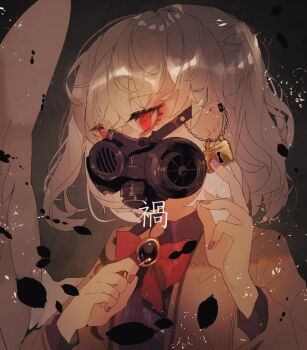 1girl bow bowtie collared_shirt commentary_request fingernails grey_background grey_jacket grey_wings jacket kishin_sagume lock mask one-hour_drawing_challenge open_mouth padlock purple_nails purple_shirt red_bow red_bowtie red_eyes respirator shinjitsu_no_kuchi shirt short_hair single_wing solo touhou upper_body white_hair wings