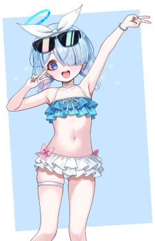 1girl :d alternate_costume alternate_hairstyle arm_up armpits arona_(blue_archive) bikini blue_archive blue_background blue_bikini blue_eyes blue_hair blue_halo blue_nails blue_pupils border bow braid choker collarbone colored_inner_hair commentary_request eyes_visible_through_hair eyewear_on_head feet_out_of_frame fingernails flat_chest frilled_bikini frills fukemachi hair_bow hair_over_one_eye hairband halo hand_up heart highres looking_at_viewer medium_hair multicolored_hair nail_polish navel open_mouth outside_border pink_bow pink_hair round_teeth ruffle_bikini simple_background skindentation smile solo standing stomach sunglasses swimsuit teeth thigh_strap tilted_border twin_braids two-tone_hair upper_teeth_only v white_bikini white_border white_bow white_choker white_hairband