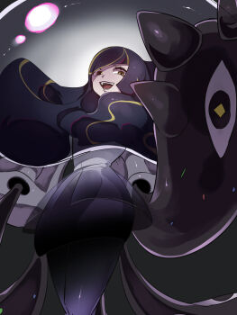1girl :d black_hair black_pantyhose commentary_request dress eyelashes gen_7_pokemon highres looking_at_viewer lusamine_(pokemon) lusamine_fused_(pokemon) nihilego nintendo nonnon0121 open_mouth pantyhose pokemon pokemon_(creature) pokemon_sm smile solo teeth tentacles ultra_beast white_dress yellow_eyes