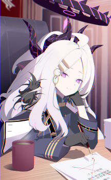1girl absurdres ahoge arm_support belt black_coat black_gloves blue_archive blurry coat coat_on_shoulders coffee coffee_mug commentary_request cup depth_of_field forehead fur-trimmed_coat fur_trim gloves hair_ornament hair_ribbon hairclip half_updo halo head_rest head_tilt highres hina_(blue_archive) holding holding_pen indoors long_hair long_sleeves looking_at_viewer military_uniform mug open_clothes open_coat paper paper_stack parted_bangs pen purple_eyes ribbon sam_browne_belt sidelocks smile solo table takinohamira translation_request wavy_hair white_hair
