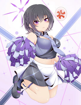 absurdres alternate_costume anger_vein blue_archive blush cheerleader collared_shirt crop_top full_body halo highres holding holding_pom_poms kagayai_akira looking_at_viewer midriff miniskirt mole mole_on_neck navel necktie pleated_skirt pom_pom_(cheerleading) pom_poms purple_halo purple_necktie shirt short_braid skirt sleeveless sleeveless_shirt spoken_anger_vein subaru_(blue_archive) sweat two-tone_shirt two-tone_skirt white_skirt