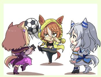 3girls :> :d _striker_(umamusume) animal_ears asymmetrical_footwear ball bare_shoulders black_boots black_pants black_shoes blonde_hair boots border brown_eyes brown_hair commentary detached_sleeves dictus_striker_(umamusume) dress ears_through_headwear english_commentary green_border green_eyes grey_hair hair_between_eyes high_heel_boots high_heels hishi_miracle_(umamusume) hood hood_up hooded_jacket horse_ears horse_girl horse_tail jacket kicking long_sleeves midriff mismatched_footwear motion_lines multicolored_hair multiple_girls narita_top_road_(umamusume) navel off-shoulder_dress off_shoulder open_clothes open_jacket open_mouth pants parted_lips puffy_long_sleeves puffy_sleeves purple_dress ria_(injuriar) shadow shirt shoes skirt smile soccer_ball speed_lines standing standing_on_one_leg tail triangle_mouth two-tone_hair umamusume white_background white_boots white_hair white_shirt white_skirt white_sleeves yellow_jacket