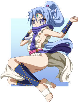 Rule 34 | 10s, 1girl, animal ears, armpits, bare hips, bare legs, barefoot, breasts, dog days, feet, female focus, forehead jewel, full body, gold trim, horse ears, horse girl, horse tail, no bra, no panties, ossannoa, outside border, ponytail, purple eyes, scarf, sharu (dog days), sideboob, solo, tabard, tail