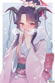 1girl absurdres artist_name blue_archive blush border commentary dandan_(uaee4742) dated flower fuuka_(blue_archive) fuuka_(new_year)_(blue_archive) hair_bun hair_flower hair_on_horn hair_ornament halo highres horns japanese_clothes kimono long_sleeves looking_at_viewer obi official_alternate_costume open_mouth outside_border own_hands_together pink_kimono purple_hair red_eyes red_halo sash single_hair_bun solo twitter_username white_border wide_sleeves