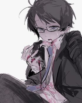 1boy akinashi_haru black-framed_eyewear black_hair blazer blood blood_on_clothes blood_on_face blue_eyes buttoned_cuffs buttons collared_shirt formal_clothes glasses jacket narrowed_eyes nausea necktie open_mouth parted_bangs saihate_eki shirt short_hair suit tears vomit white_background xiaoquanjiuhe