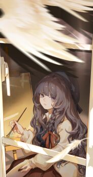 Rule 34 | 1girl, absurdres, beret, bird, black hair, black hat, blue vest, blunt bangs, braid, canvas (object), cardigan, chinese commentary, collared shirt, commentary request, cowboy shot, easel, falling feathers, feathers, from outside, hair ribbon, hat, heroine (lovebrush chronicles), highres, holding, holding paint palette, holding paintbrush, indoors, long hair, long sleeves, looking at animal, looking outside, looking to the side, lovebrush chronicles, motion blur, open cardigan, open clothes, paint palette, paintbrush, painting (action), parted lips, pink lips, purple eyes, red ribbon, red skirt, ribbon, shijiu chong shan, shirt, side braid, sitting, skirt, solo, very long hair, vest, wavy hair, white bird, white cardigan, white feathers, white shirt, window