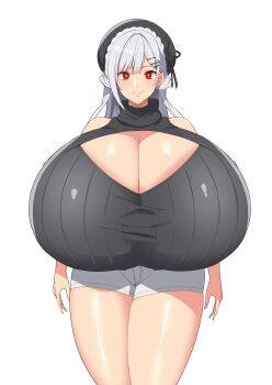 1girl alternate_breast_size_(larger) bare_shoulders black_hat black_sweater braid breasts bright_pupils cleavage cleavage_cutout clothing_cutout cowboy_shot gigantic_breasts grey_hair hair_ornament hakase_fuyuki hat kloah long_hair looking_at_viewer nijisanji open-chest_sweater red_eyes ribbed_sweater shiny_skin short_shorts shorts simple_background sleeveless sleeveless_sweater sleeveless_turtleneck smile solo standing sweater turtleneck turtleneck_sweater virtual_youtuber white_background white_pupils white_shorts