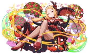 1girl amulet anime_coloring artist_request bare_shoulders black_bridal_gauntlets black_choker black_flower colored_petticoat black_ribbon black_rose blonde_hair blush braid braided_bangs breasts bridal_gauntlets bright_pupils choker cleavage clothes_lift corset crash_fever crossed_legs dress earrings eyelashes flower folding_fan forehead foreshortening frilled_skirt frills from_below full_body game_cg gold_necklace grin hair_ornament hair_ribbon hair_scrunchie hand_fan high_heels holding jewelry lace large_breasts layered_skirt light_particles lips long_hair long_sidelocks looking_at_viewer low-tied_long_hair low_ponytail necklace number_print numbered off_shoulder official_art official_style outline pantyhose petticoat pink_lips pinstripe_pattern pinstripe_ribbon ponytail priscilla_barielle re:zero_kara_hajimeru_isekai_seikatsu red_corset red_eyes red_flower red_outline red_petals red_rose red_shoes red_skirt ribbon rose scrunchie see-through_pantyhose shoe_soles shoes short_eyebrows sidelocks skirt skirt_flower skirt_lift smile solo sparkle square square_print strappy_heels striped_clothes striped_ribbon tachi-e third-party_source transparent_background vertical-striped_ribbon white_pupils