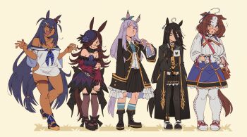 5girls absurdres ahoge animal_ears arm_at_side bare_shoulders bikini bikini_under_clothes black_gloves breasts brown_eyes brown_hair cleavage closed_mouth coat commentary cup dark-skinned_female dark_skin detached_collar dress ear_scrunchie earrings ears_down english_commentary fang fingernails full_body fur_collar gloves gutalalaman hair_between_eyes hair_over_one_eye hand_on_own_arm hand_up hands_up highres hishi_amazon_(azure_amazon)_(umamusume) hishi_amazon_(umamusume) holding holding_cup holding_own_hair horse_ears horse_girl horse_tail jewelry kneehighs long_hair long_hair_between_eyes long_sleeves looking_at_viewer manhattan_cafe_(creeping_black)_(umamusume) manhattan_cafe_(umamusume) meisho_doto_(turbulent_blue)_(umamusume) meisho_doto_(umamusume) mejiro_mcqueen_(frontline_elegance)_(umamusume) mejiro_mcqueen_(umamusume) multicolored_hair multiple_girls nail_polish necktie off-shoulder_dress off_shoulder open_mouth own_hands_together pantyhose purple_hair raised_inner_eyebrows red_eyes red_nails rice_shower_(rosy_dreams)_(umamusume) rice_shower_(umamusume) shirt shoes skirt sleeves_past_wrists socks standing standing_on_one_leg swimsuit tail tearing_up thigh_strap two-tone_hair two_side_up umamusume v-shaped_eyebrows very_long_hair white_background yellow_eyes