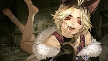 1boy :d animal_ear_fluff animal_ears artist_name bare_legs barefoot blonde_hair brown_hair character_request commentary_request commission copyright_request fangs feet feet_up fishnet_top fishnets full_body fur_collar fur_trim grey_background hand_up highres indoors jewelry long_sleeves looking_at_viewer lying male_focus medium_hair nnnyj off_shoulder on_stomach open_mouth parted_bangs red_eyes ring skeb_commission smile soles solo the_pose thick_eyebrows toes twitter_username