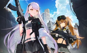 Rule 34 | 2girls, absurdres, ak-alfa, ak-alfa (girls' frontline), assault rifle, brown eyes, brown hair, girls' frontline, girls' frontline 2: exilium, grey hair, gun, h&amp;k ump, hair between eyes, head-mounted display, highres, holding, holding gun, holding weapon, kalashnikov rifle, lenna (girls' frontline 2), long hair, melreon, multiple girls, navel, rifle, submachine gun, thighs, tololo (girls' frontline 2), twintails, ump9 (girls' frontline), weapon, yellow eyes