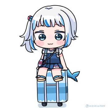 1girl :3 blue_dress blue_eyes blue_hair blush_stickers brown_sandals chibi closed_mouth commentary_request cube_hair_ornament dress gawr_gura gawr_gura_(casual) grey_hair hair_ornament highres hololive hololive_english long_hair mochimiko multicolored_hair rolling_suitcase sandals shadow shirt side_ponytail simple_background sitting sleeveless sleeveless_dress solo streaked_hair suitcase twitter_username virtual_youtuber white_background white_shirt