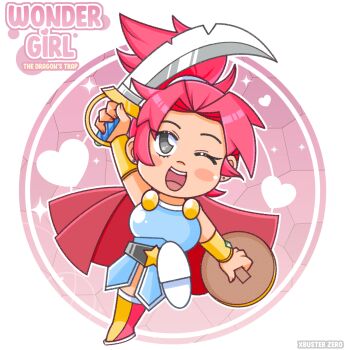 1girl armor black_eyes blush cape chibi heart highres monster_world pink_hair platform ponytail shield sword weapon wonder_boy wonder_boy:_the_dragon&#039;s_trap wonder_girl xbuster
