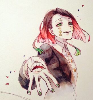 Rule 34 | 1boy, asymmetrical bangs, black hair, black jacket, buttons, colored inner hair, colored tips, commentary request, demon boy, enmu (kimetsu no yaiba), facial mark, fang, floating hair, from side, green eyes, green nails, grey background, half-closed eyes, incoming attack, jacket, kanna nijiniji, kimetsu no yaiba, long sleeves, looking at viewer, male focus, medium hair, misplaced mouth, multicolored hair, open mouth, outstretched arm, reaching, reaching towards viewer, smile, solo, suit jacket, symbol-shaped pupils, tears facial mark, teeth, traditional media, trap, undershirt, upper body, upper teeth only, veins, veiny hands