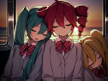 3girls ahoge akita_neru antenna_hair aqua_eyes aqua_hair blonde_hair blue_hair blush bow bowtie brown_sweater_vest closed_eyes closed_mouth diagonal-striped_bow diagonal-striped_bowtie diagonal-striped_clothes drill_hair drooling hair_between_eyes hatsune_miku highres kasane_teto kasane_teto_(utau) leaning_on_person long_hair mouth_drool multiple_girls open_mouth red_bow red_bowtie red_hair saliva school_uniform shirt side_ponytail simple_background sitting skirt sleeping striped_bow striped_bowtie striped_clothes sunset sweater_vest train triple_baka_(vocaloid) triple_ryuunen twin_drills twintails upper_body user_ters7875 utau vocaloid white_shirt window zako_(vocaloid)
