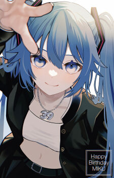 1girl 39 absurdres aqua_eyes aqua_hair belt black_skirt breasts chain chain_necklace collarbone commentary english_commentary english_text fingernails gakuran hair_tie happy_birthday hatsune_miku highres incoming_headpat jacket jewelry light_blush long_hair long_sleeves looking_at_viewer midriff navel necklace open_clothes open_jacket reaching reaching_towards_viewer sakuma_kou school_uniform skirt small_breasts smile solo sports_bra stomach twintails vocaloid white_sports_bra