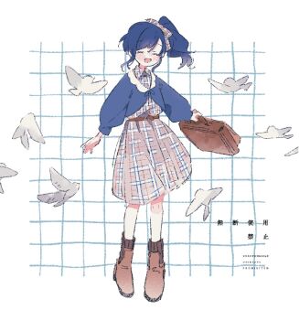 Rule 34 | 1girl, :d, aikatsu!, aikatsu! (series), bag, bird, blue hair, blue jacket, boots, brown bag, brown boots, casual, closed eyes, commentary request, dress, full body, hazime, holding, holding bag, jacket, kiriya aoi, long hair, long sleeves, open mouth, plaid clothes, plaid dress, side ponytail, smile, solo, standing