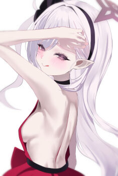 1girl absurdres backless_dress backless_outfit bare_arms bare_back bare_shoulders black_hairband blue_archive blush breasts closed_mouth commentary dress from_side grey_hair hairband halo highres licking_lips long_hair mutsuki_(blue_archive) mutsuki_(dress)_(blue_archive) official_alternate_costume official_alternate_hairstyle pointy_ears purple_eyes purple_halo red_dress sideboob sleeveless sleeveless_dress small_breasts smile solo tongue tongue_out very_long_hair zuki_(user_mzpz5848)