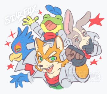 4boys arm_up bandana baseball_cap bird_boy black_gloves blue_hat buck_teeth clenched_hand closed_eyes commentary_request copyright_name cropped_torso falco_lombardi fingerless_gloves fox_boy fox_mccloud frog_boy furry furry_male gloves green_shirt hand_on_own_chin happy hat highres jacket male_focus multiple_boys nintendo open_clothes open_jacket open_mouth peppy_hare rabbit_boy red_bandana red_scarf satokichi scarf sharp_teeth shirt slippy_toad sparkle star_(symbol) star_fox star_fox_(2026) teeth unworn_headwear watermark white_background white_jacket