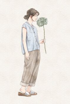 Rule 34 | 1girl, blue shirt, brown hair, brown pants, flower, flower request, hair bun, highres, holding, holding flower, original, otto (otto52coffee), pants, realistic, sandals, shirt, solo, white background