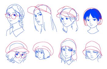 blue_theme braid closed_mouth commentary english_commentary expressionless glasses gosari_draw hat highres looking_at_viewer monochrome multiple_girls original parody short_hair simple_background smile style_parody white_background