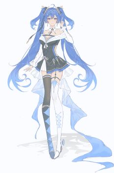 1girl ahoge alternate_costume asymmetrical_legwear black_dress black_thighhighs blue_eyes blue_hair breasts chinese_commentary closed_mouth commentary_request dress earrings full_body hand_up highres iuno_(wuthering_waves) jewelry laurel_crown long_hair looking_at_viewer medium_breasts mismatched_legwear qiuqiuku smile solo standing thighhighs twintails white_thighhighs wuthering_waves