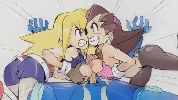 1boy 2girls absurdres angry ass assertive_female bent_over bike_shorts blonde_hair body_blush breasts breasts_out brown_hair cameltoe capcom clenched_teeth clothes_lift competition cooperative_paizuri earrings erection face-to-face ffm_threesome from_side gloves grabbing_own_breast group_sex hairband hands_up highres inverted_nipples jewelry large_breasts large_penis leg_up long_hair looking_at_another mega_man_(series) mega_man_legends_(series) mega_man_volnutt multiple_girls nipples paizuri pantyhose penis penis_out rivalry roll_caskett_(mega_man) shirt_lift shorts simple_background spread_legs teamwork_(sexual) teeth thesquiddycipher threesome topless_female tron_bonne_(mega_man) white_background