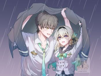 1boy 1girl 46uumm aqua_bow aqua_necktie arms_up artist_logo black_hairband black_sailor_collar blue_eyes bow caelus_(honkai:_star_rail) collared_shirt commission firefly_(honkai:_star_rail) firefly_(spring_missive)_(honkai:_star_rail) gradient_eyes grey_hair grey_jacket hairband highres honkai:_star_rail honkai_(series) jacket logo long_hair long_sleeves multicolored_eyes necktie open_mouth pink_eyes rain sailor_collar school_uniform shirt short_hair smile trailblazer_(honkai:_star_rail) upper_body white_shirt