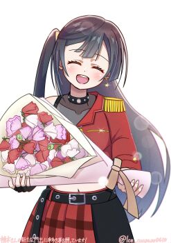 1girl belt black_belt black_gloves black_hair blush bouquet closed_eyes collarbone commentary_request cropped_jacket dive!_(love_live!) earrings epaulettes facing_viewer fingerless_gloves flower gloves head_tilt highres holding holding_bouquet ice_compass0610 jewelry kusunoki_tomori long_hair love_live! love_live!_nijigasaki_high_school_idol_club midriff navel one_side_up open_mouth red_skirt simple_background single_epaulette single_glove skirt solo standing star_(symbol) star_earrings translation_request twitter_username upper_body voice_actor_connection white_background yuki_setsuna