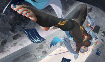 Rule 34 | 2girls, absurdres, age difference, aqua toenails, armpits, arms up, artist request, ass, asymmetrical bangs, barefoot, black bodysuit, bodysuit, bodysuit under clothes, braid, breasts, clothing cutout, epic, expressionless, eyelashes, feet, feet up, female focus, fighting stance, foot focus, full body, genshin impact, greek toe, hair ornament, hair over one eye, hanging breasts, highres, hip vent, huge filesize, keqing (genshin impact), large breasts, legs, lips, long hair, looking at viewer, looking down, looking up, low-braided long hair, low-tied long hair, matching hair/eyes, mihoyo, multiple girls, nail polish, no panties, outdoors, outstretched arms, outstretched leg, polearm, shenhe (genshin impact), shiny skin, sidelocks, soles, spread arms, stirrup legwear, talisman, thighs, toeless legwear, toenail polish, toenails, toes, upside-down, very long hair, weapon, white eyes, white hair