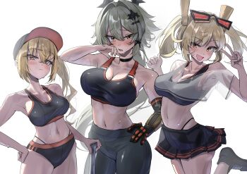 3girls absurdres alternate_costume baseball_bat baseball_cap black_bra black_buruma black_choker black_pants black_skirt blonde_hair blush bra breasts burnice_white buruma caesar_king_(zenless_zone_zero) choker cleavage commentary_request cowboy_shot eyewear_on_head green_hair gym_uniform hair_between_eyes hair_ornament hat highres holding holding_baseball_bat large_breasts long_hair looking_at_viewer luciana_de_montefio multiple_girls navel orange_eyes panties panties_under_buruma pants prosthesis prosthetic_arm see-through_clothes see-through_shirt shirt side_ponytail simple_background skirt sports_bra standing standing_on_one_leg stomach sweat tora_(kumo_sakamoto) twintails underwear v white_background x_hair_ornament zenless_zone_zero