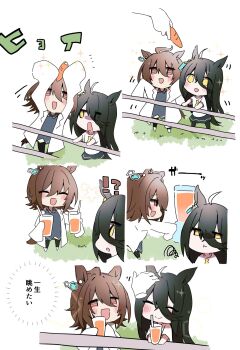 :t agnes_tachyon_(tach-nology)_(umamusume) agnes_tachyon_(umamusume) animal_ears black_hair black_pantyhose black_shirt black_skirt blender_(object) blush brown_hair carrot carrot_juice chibi chibi_only closed_eyes cup disembodied_hand hair_between_eyes hand_on_railing headpat highres holding holding_carrot holding_cup horse_ears horse_girl horse_tail juice ktgrtos lab_coat long_bangs long_hair long_hair_between_eyes long_sleeves manhattan_cafe_(umamusume) necktie no_pupils on_grass open_mouth pantyhose pout railing red_eyes sharing shirt skirt sleeves_past_fingers sleeves_past_wrists smile squiggle tail umamusume very_long_hair white_shirt yellow_eyes yellow_necktie