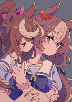 2girls animal_ears blue_eyes blush bow bowtie breasts brown_eyes brown_hair closed_mouth collarbone ear_bow ear_ornament ear_ribbon hair_between_eyes hair_ornament high_ponytail honkawa_works horse_ears horse_girl long_hair low_twintails medium_breasts multicolored_hair multiple_girls ponytail puffy_short_sleeves puffy_sleeves purple_bow purple_bowtie purple_shirt red_scrunchie sailor_collar sailor_shirt school_uniform scrunchie shirt short_sleeves simple_background smile streaked_hair tokai_teio_(umamusume) tracen_school_uniform twintails two-tone_hair umamusume upper_body white_hair white_sailor_collar wrist_scrunchie yamanin_zephyr_(umamusume) yuri