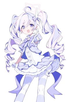 1girl :d ahoge blouse blue_archive bow dress drill_hair feet_out_of_frame frilled_skirt frills gloves hair_ornament halo highres kisaka looking_at_viewer multicolored_hair open_mouth pantyhose pink_hair pointing pointing_at_viewer purple_bow purple_eyes purple_hair reisa_(blue_archive) reisa_(magical)_(blue_archive) shirt simple_background skirt smile solo star_(symbol) star_hair_ornament star_halo star_ornament striped_clothes striped_pantyhose twintails two-tone_hair white_background white_gloves wing_hair_ornament