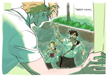 1girl 2boys backpack bag battle_tendency blonde_hair bow brown_hair caesar_anthonio_zeppeli facial_mark feather_hair_ornament feathers hair_ornament hakmonss jojo_no_kimyou_na_bouken joseph_joestar joseph_joestar_(young) multiple_boys ponytail school_uniform sharp_teeth shirt shirt_bow suzi_q sweatdrop t-shirt teeth waving windowsill