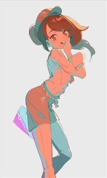 1girl alternate_costume apron arched_back blush breasts brown_eyes brown_hair closed_mouth cosplay donuttypd english_text female_focus food food_on_face from_side gloria_(pokemon) grey_background hair_through_headwear hand_to_own_mouth hand_up happy holding leah_(pokemon) leah_(pokemon)_(cosplay) leaning_forward licking_lips light_blush long_hair long_sleeves matching_hair/eyes menu nintendo pants pokemon pokemon_cafe_remix pokemon_swsh ponytail red_apron red_headwear rope shirt sidelocks simple_background small_breasts smile solo standing tongue tongue_out waist_apron white_shirt